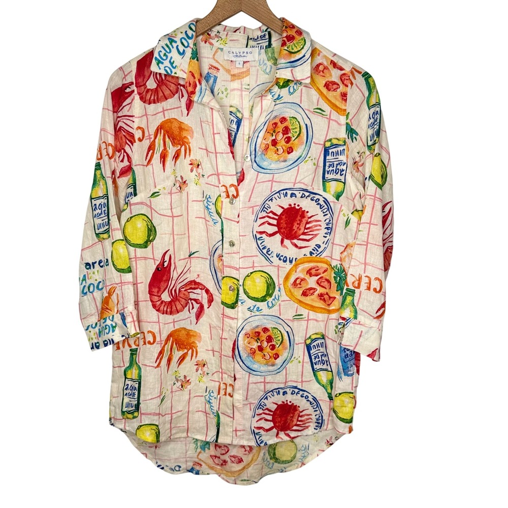 Calypso St Barth White Linen Blend Seafood Print Top Button Down Beach Coastal S